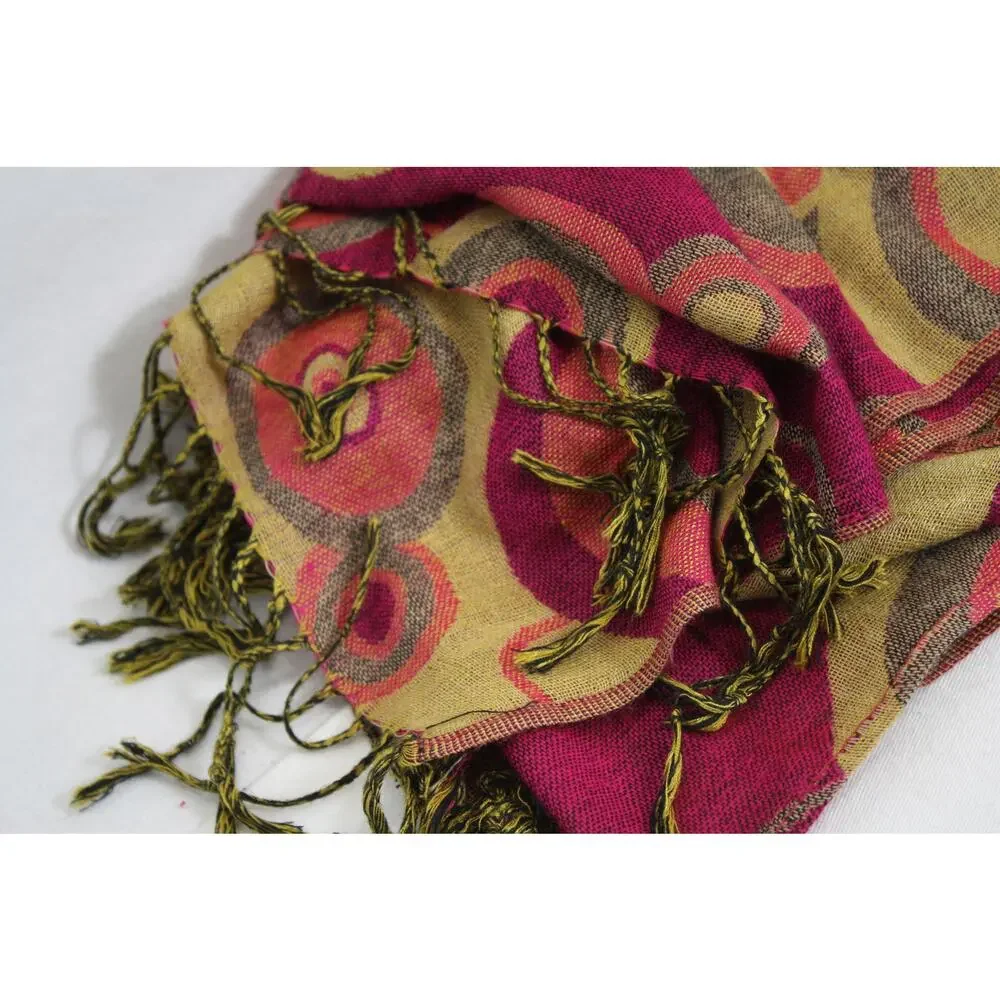 Vintage Y2K Pashmina Silk Scarf Wrap Pink Abstract Circles Fringe 60x28